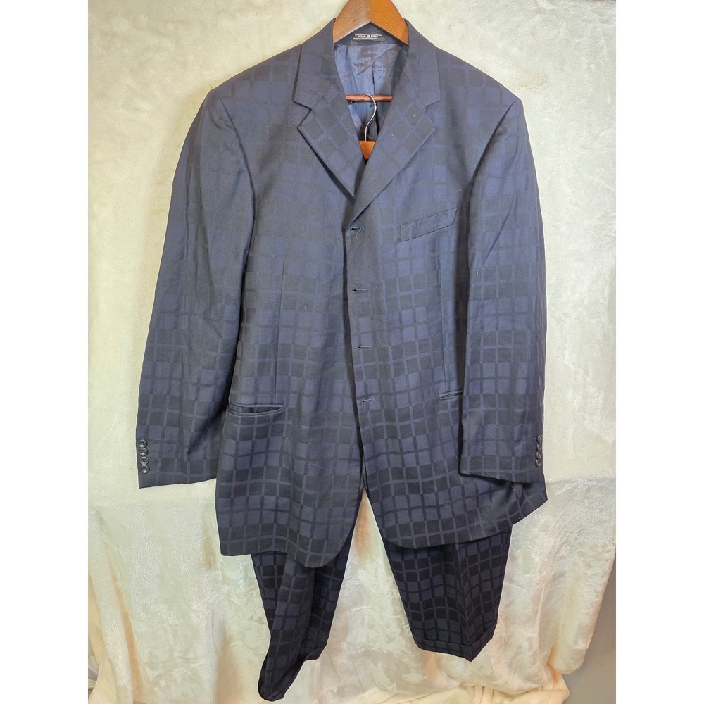Studio Milano Italy Mens Super 110s Wool Checkered 3-Button Suit Navy‎ Black
